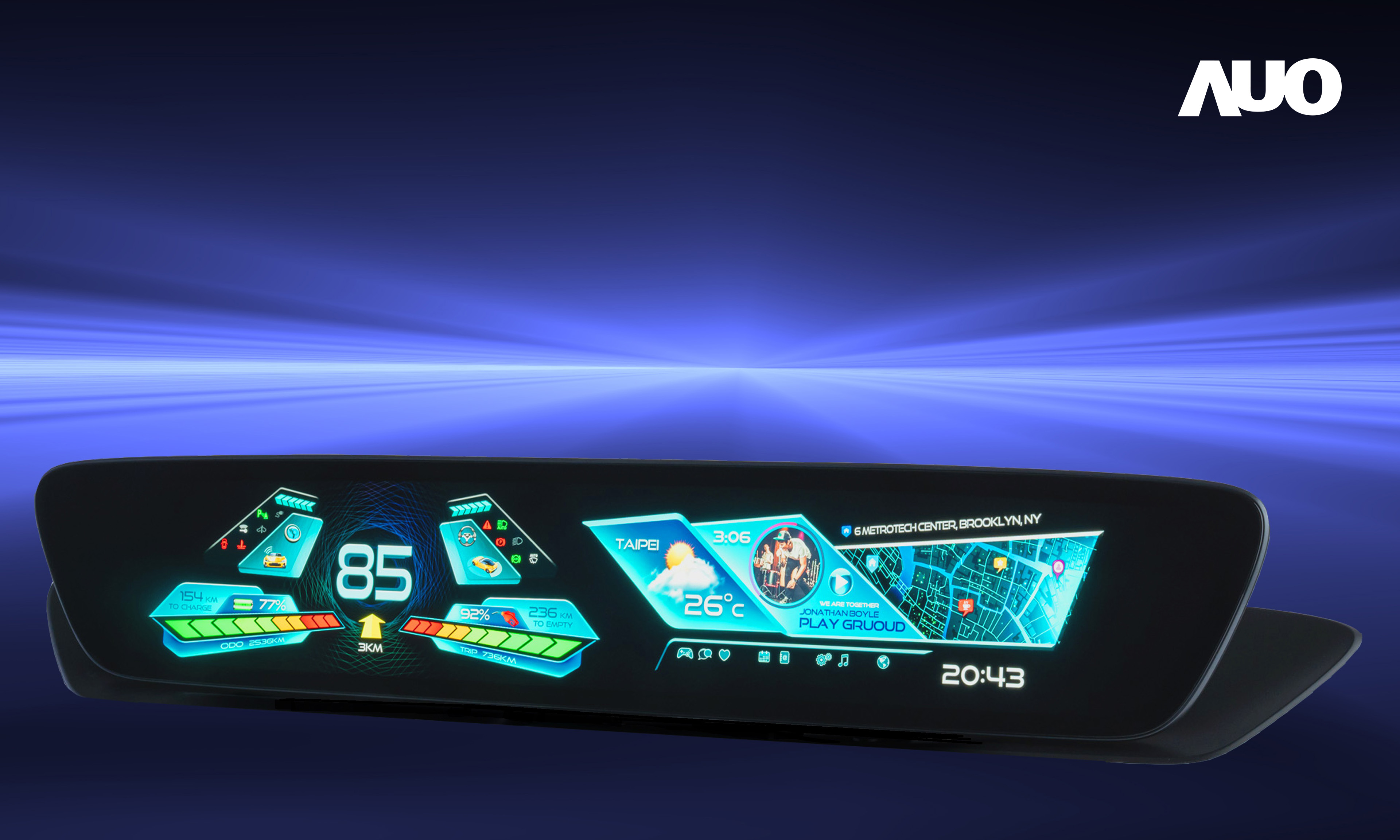 友達30.4吋異形曲面AmLED車載顯示系統，為一兼具儀表板及中控台人機介面的創新車載顯示系統，結合美學設計，提升車內科技沉浸感及使用體驗，讓車載顯示的未來應用更加多元化