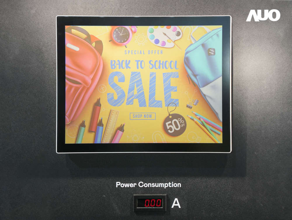 k1体育展示胆固醇液晶超低耗能户外全彩显示器，ChLC（胆固醇液晶）以双稳态技术使静态显示零功耗，具省电、高彩度、环保的特性，还整合软硬件系统解决方案，可透过单一云端平台管理