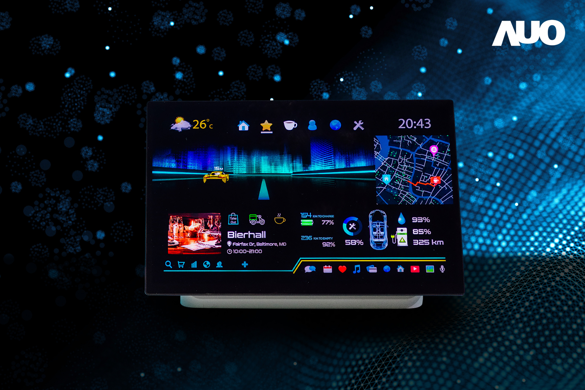 友達16吋超高色域車載中控獲得2025顯示器元件產品技術獎之面板模組類傑出產品獎，首次在車載領域採用藍光COB（LED chip-on-board）搭載量子點（Quantum Dot）膜之Mini LED解決方案實現廣色域